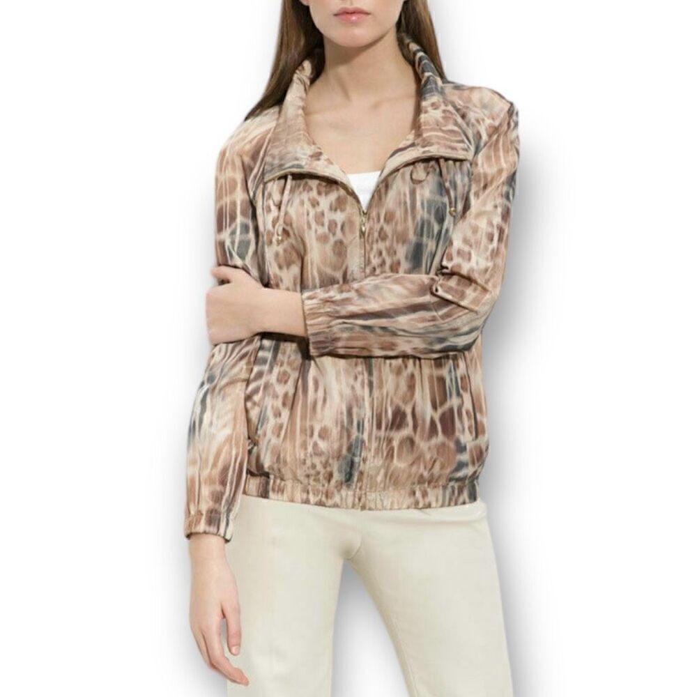 St. John Animal Printed Taffeta Windbreaker Jacket Praline Multi Women’s P